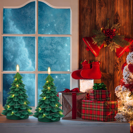 DRomance Christmas Tree Flameless Candles String Lights with 11-Key Remote and Timer, 2 Pack Green Real Wax Battery Operated 3D Wick LED Flickering Candles Dinner Holiday Indoor Decor(3" x 7.1")
