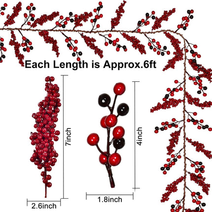 DearHouse 6Ft Red Berry Christmas Garland Clearance, Berry Garland Wired Stems with Assorted Large Red and Black Berries for Holiday Winter Year Decor