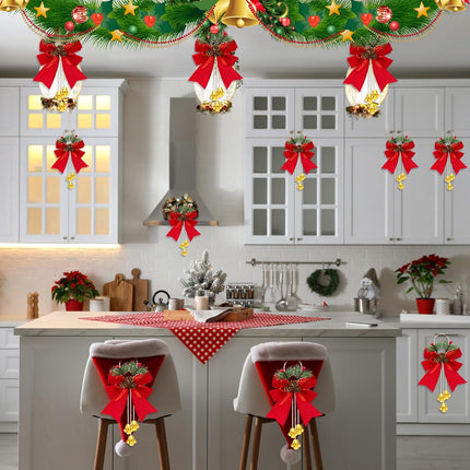 12 Pcs Red Christmas Bow with Pine Cones Wine Red Christmas Wreath Bows Xmas Decorative Bows Ornament with Bell Christmas Tree Toppers Bows for Kitchen Cabinet Christmas Party Decoration
