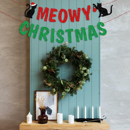 Glittery Meowy Christmas Banner Cat Themed Christmas Party Banner Decorations for Wall Fireplace Party Decor Supplies