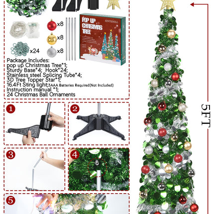 5 FT Pop Up Christmas Tree with Timer Lights and Decorations, Green Silver Tinsel Christmas Tree with 24 Ball Ornaments, Pencil Tree Collapsible Christmas Tree for Home, Apartment, Office