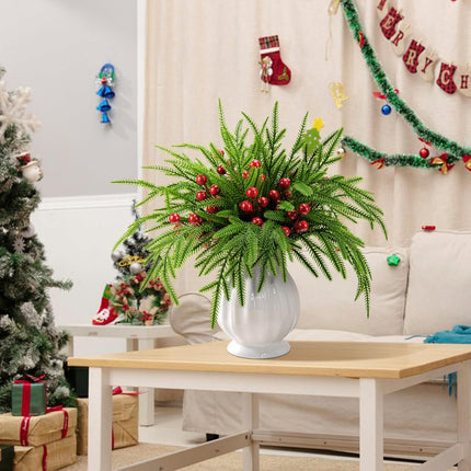 Watayo 45 Pcs Christmas Norfolk Pine Branches with Red Berry Stems- 14" Artificial Greenery Norfolk Pine Stems Sprigs- Fake Foliage Pine Needles Picks for DIY Craft Garland Home Decoration