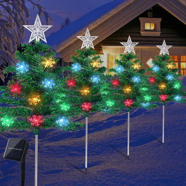 Christmas Decorations Outdoor 4 Sets Solar Christmas Tree with 80pcs Multi-Color C6 Snowflake Led Lights 8 Lighting Modes Waterproof Pathway Lights for Outside House Garden Yard Front Porch Door