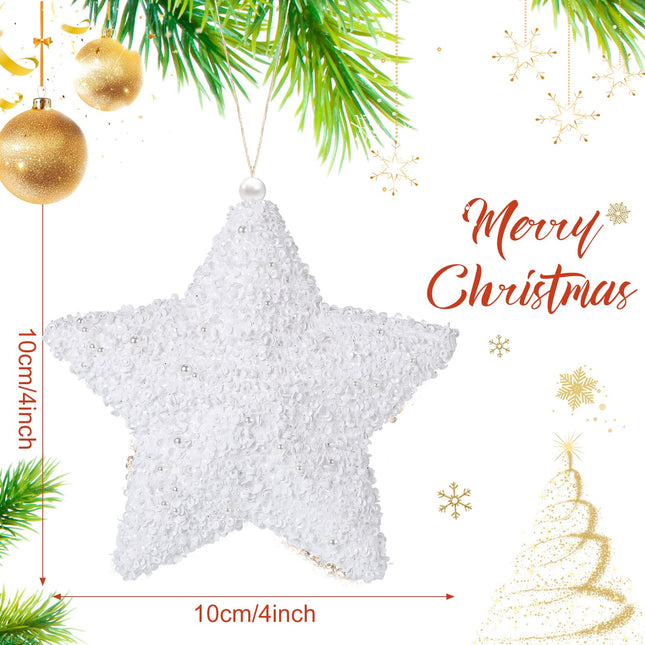 12 Pcs 4 Inch Star Ornament Tree Glitter Five Pointed Star Decoration Suitable for Tree Hanging Decoration Wedding Party Festival Pentagram Ornament (White)