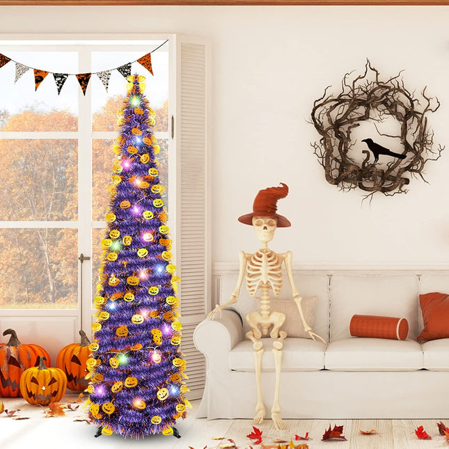 5Ft Halloween Tree Decorations with Orange Pumpkins Tinsel and 90 LED Lights, Collapsible Pop Up Tree Purple Artificial Pencil Tree for Home Fireplace Porch Door Office Indoor Outdoor Party