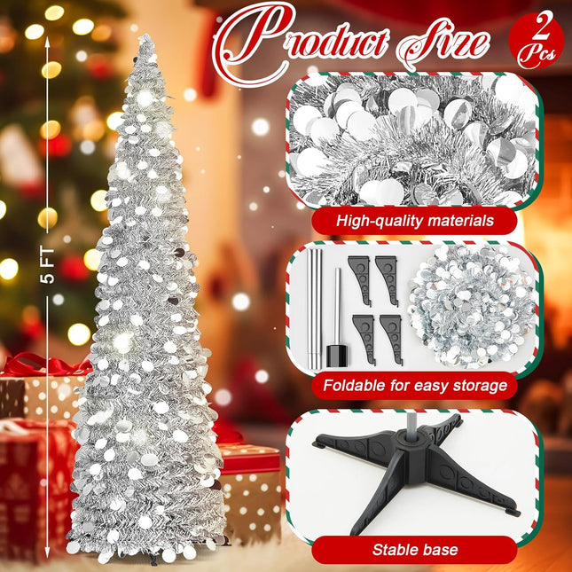 Leyndo 2 Pcs 5 ft Collapsible Artificial Christmas Tree Pencil Pop up Christmas Tree Tinsel Skinny Silver Sequined Christmas Tree for Home Fireplace Decoration