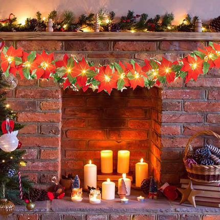Dazzle Bright 7 FT Christmas Poinsettia Flowers Garland Decorations, 10 LED Lighted Artificial Velvet String Lights with Red Berries Holly Leaves, Xmas Ornaments for Indoor Outdoor Fireplace Decor