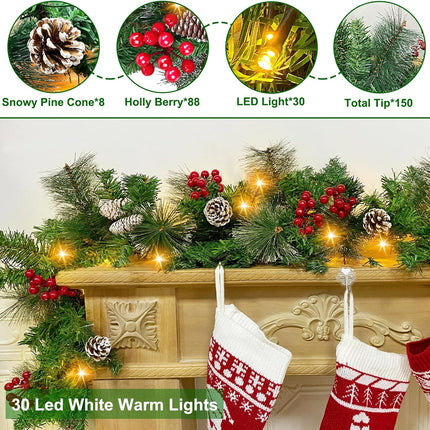 TURNMEON 6 Ft by 10 Inch Prelit Christmas Garland with Timer 30 Warm Lights 8 Modes 8 Pine Cone Snowy Bristle Pine 88 Berries Battery Operated Xmas Christmas Decorations Home Outdoor Fireplace Mantle