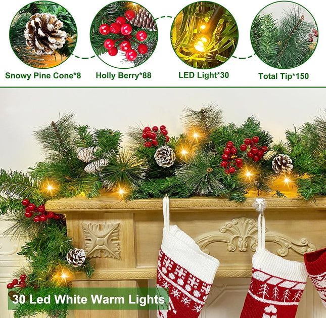 TURNMEON 6 Ft by 10 Inch Prelit Christmas Garland with Timer 30 Warm Lights 8 Modes 8 Pine Cone Snowy Bristle Pine 88 Berries Battery Operated Xmas Christmas Decorations Home Outdoor Fireplace Mantle