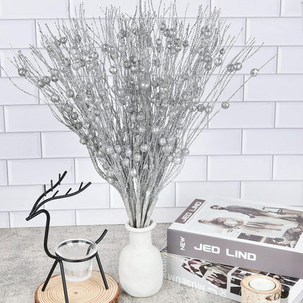 Lvydec 22pcs Christmas Glitter Berries Stems Clearance, 17" Artificial Christmas Picks for Christmas Tree Ornaments, DIY Xmas Wreath, Crafts, Holiday and Home Decor (Silver)