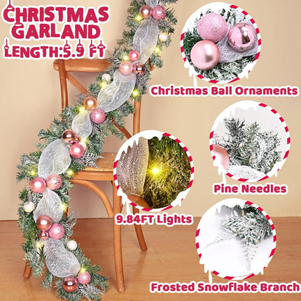 Christmas Garland Decorations, 5.9 FT Christmas Garland for Mantle, Snow Flocked Garland with Ribbons White Pink Christmas Balls, Frosted Garland Pine Garland for Indoor Outdoor Table Home Decor