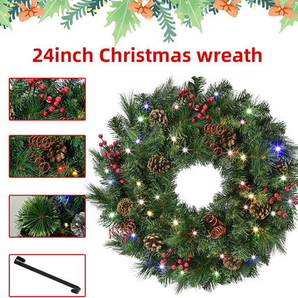 Christmas Wreaths for Front Door 24In - Artificial Christmas Wreath with 40 LEDs 9 Models Light, Timer, Hanger, Battery Operated Christmas Wreath for Mantel Wall Windows Xmas Decoration
