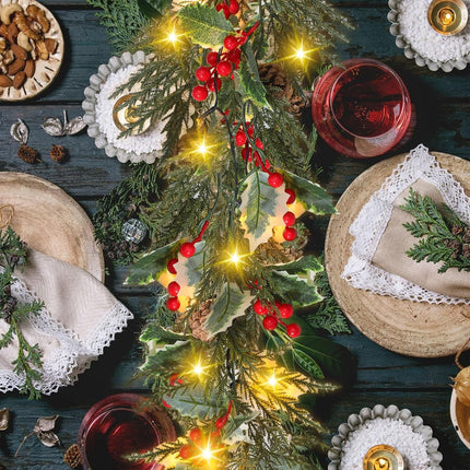Ceenna 2 Pcs Prelit Christmas Garland with Globe Lights, 12 ft 20 Led Lighted Pine Cone Holly Berry Garland Battery Operated with 8 Modes Timer Remote for Home Fireplace Holiday Decorations (Red)