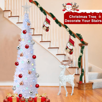 5 Ft Pop Up Christmas Tree with Timer Dual Color Change 8 Mode, 1 Minute Christmas Tree 50 Warm White & Colorful Light 3D Star 25 Ball Ornament Battery Operated Slim Tinsel White Xmas Tree Indoor