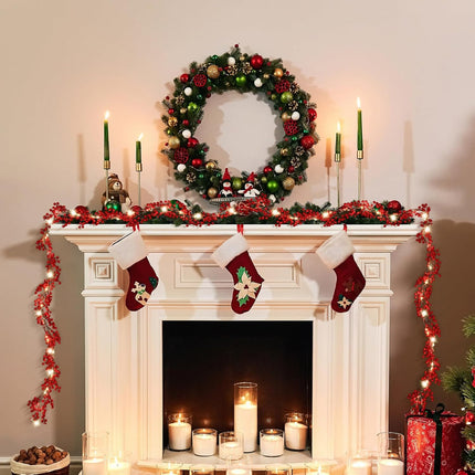 Crowye 1 Pcs 9 Ft Pre Lit Red Berry Christmas Garland with Lights Pip Berry Garland Battery Operated Vine Lights Xmas String Lights Christmas Lighted Garland Decor for Home Mantle Party Decoration