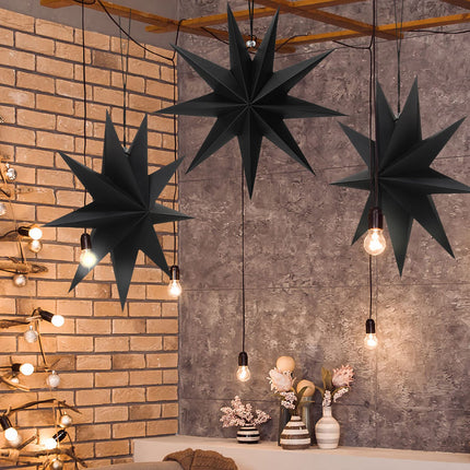 3 Pcs 9-Pointed Paper Star Lanterns 12 Inch Hanging Lampshade Paper Star Pendant Charm Star Shape for Christmas Holiday, Weddings, Birthday Party Celebration Decor (Black)