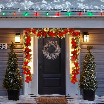 Glintoper Christmas Poinsettia Garland, 5.9 FT Lighted Artificial Garlands with 36 Red Flowers, Battery Operated with Timer Poinsettia String Lights, Light up for Xmas Year Home Decor