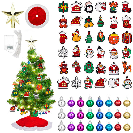 Syhood 63 Pcs Mini Christmas Tree Ornaments Set Mini Christmas Tree Decoration Gadget Small Tree Skirt Christmas Tree Star Topper Miniature Christmas Hanging Ornament with Light for Holiday Xmas Tree
