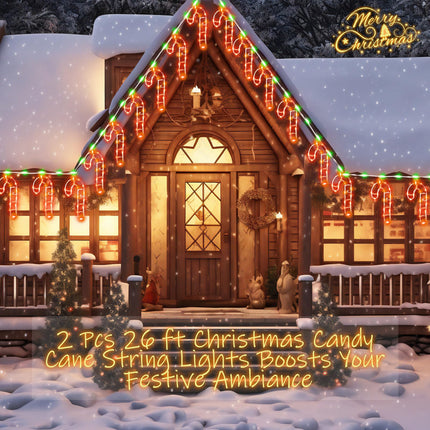 2 Pcs 26 ft Christmas Candy Cane String Lights Outdoor Christmas Hanging Lights Decorations with 6 Light up 360 Bulbs Candy Cane Icicle Hanging Lighted for Rooftop Tree Eaves Outdoor Holiday