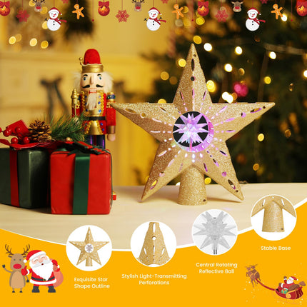 Quntis Christmas Tree Topper Star with 3D Rotating Projection, Star Topper Lighted for Christmas Tree with Lights, Perfect Indoor Holiday Decor, Xmas Tree Star Projector, Gold