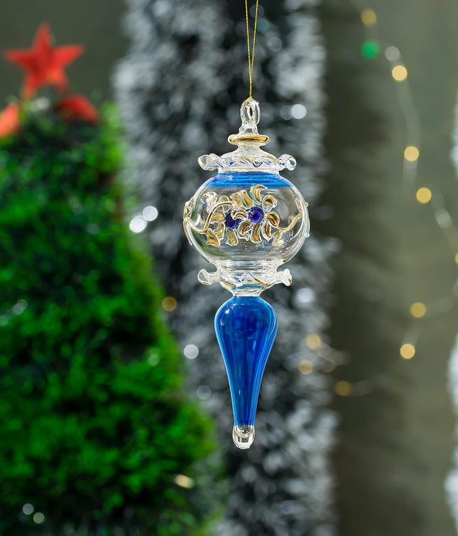 Pharaonic Vintage style Blue Glass ornament for Christmas tree decorations engraved with 14K Gold flowers vintage ornaments Xmas tree decorative ornaments decorating s hanging ornaments
