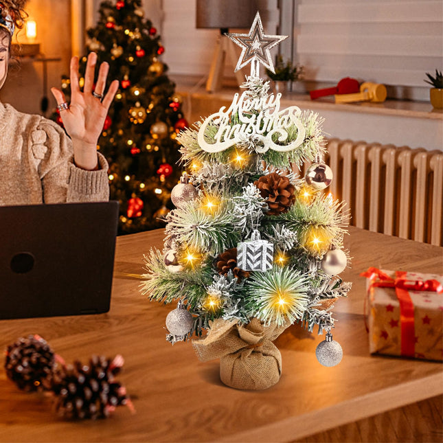 Mini Christmas Tree with Lights，22" Small Christmas Tree with Lights, Startree Topper, Merry Christmas Alphabet, Pine Cones, Hanging Balls for Tabletop, Xmas Decor