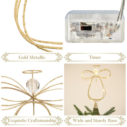 Valery Madelyn Lighted Christmas Tree Topper Angel with Timer, 10 Inch Pre-Lit Gold Metal Small Angel Tree Topper with Lights for Christmas Tree Decoration Indoor, Battery Operated