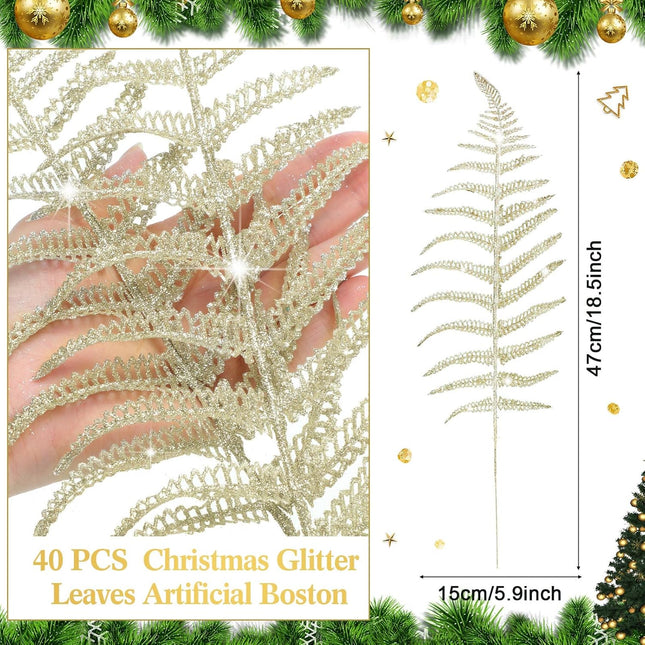 Yunsailing 40 Pcs Christmas Glitter Leaves Artificial Flashing Leaves Tropical Leaf Wedding Picks Flower Arrangements Wreath DIY Leaves Ornament for Wedding Party Xmas Decoration(Champagne Gold)