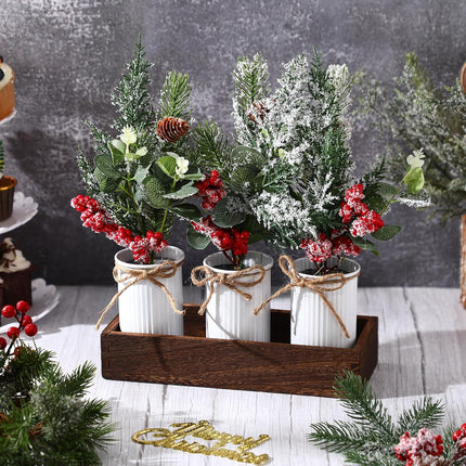 Yunlly Christmas Centerpieces Red Berry Christmas Artificial Pine Cone Snow Branches Picks with Wood Box for Rustic Farmhouse Winter Christmas Table Mantel Decoration