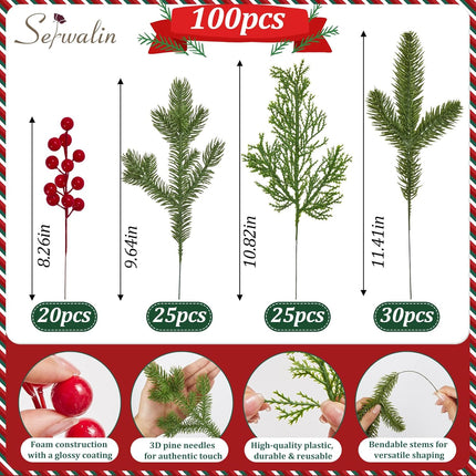 Serwalin 100 Pcs Artificial Pine Branches with Red Berry Stems,Fake Christmas Greenery Stems, Real Touch Pine Needles for DIY Christmas Garland Wreath Xmas Home Arrangements Decoration