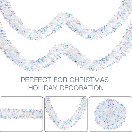 Sggvecsy 26.2Ft Christmas White Tinsel Garland Xmas Tree Decorations Christmas Iridescent Metallic Twist Garland Ceiling Hanging Decorations for Year Party Birthday Holiday Indoor Outdoor Supplies