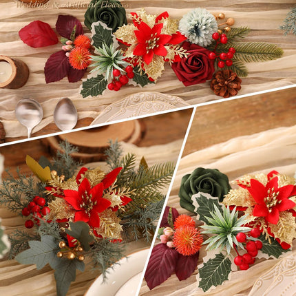 Christmas Artificial Flowers Poinsettia Christmas Flower Mix Silk Flowers Fake Roses with Stems for DIY Table Centerpieces Christmas Tree Xmas Wreath Holiday Home Party Decor