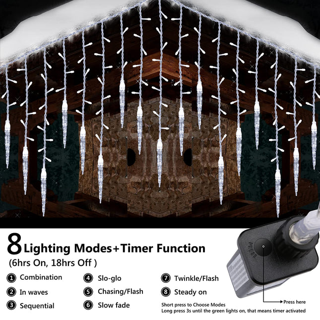 Christmas Icicle Lights, 432 LED 35.4ft 8 Modes Low Voltage Icicle String Lights with 72 Drops, Icicle Fairy Twinkle Lights for Xmas, Eaves, Wedding, Garden, Outdoor, Indoor Decor (Pure White)