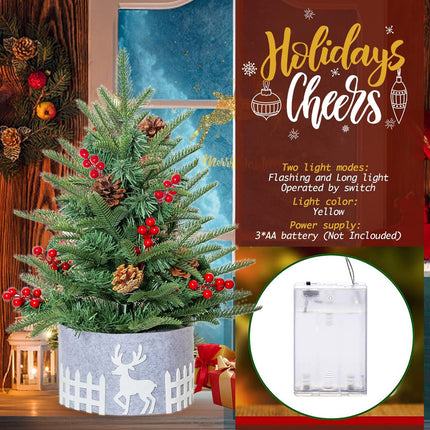 Pre-lit Tabletop Artificial Mini PE Christmas Tree - 21" Little Xmas Tree with LED Lights and Fence Base for Home Office Holiday DIY Décor