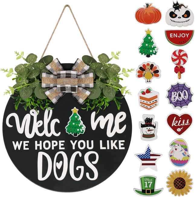 Interchangeable Wooden Seasonal Welcome Sign, Rustic Round Dogs Sign Front Door Wreaths for Home/Wall/Porch Decor, for Easter Spring Summer Fall Halloween Christmas All Season Decorations