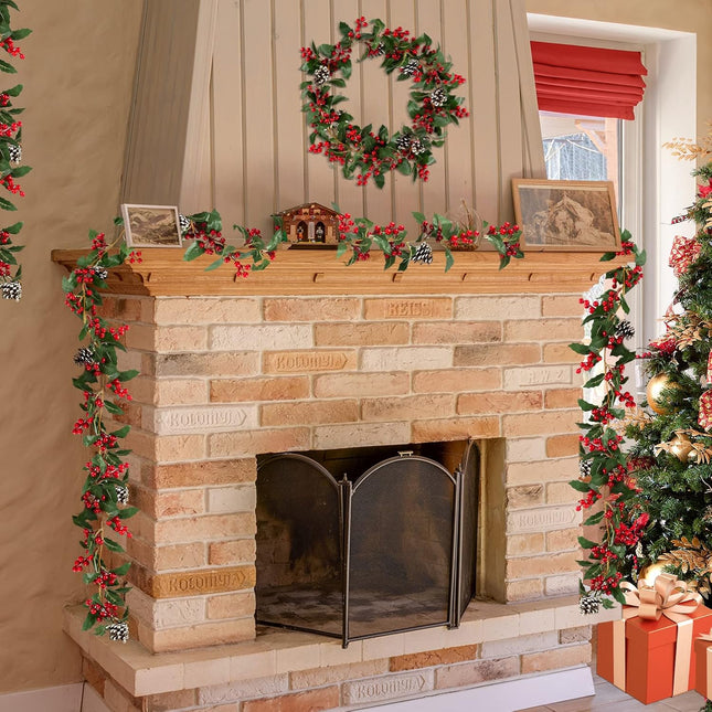 Christmas Garland Decorations for Mantle: Blosmon 2 PCS 5.7ft Red Berry Mantle Fireplace Garland Indoor Faux Christmas Swags and Garlands for Xmas Holiday Front Door Window Table Staircase Decor