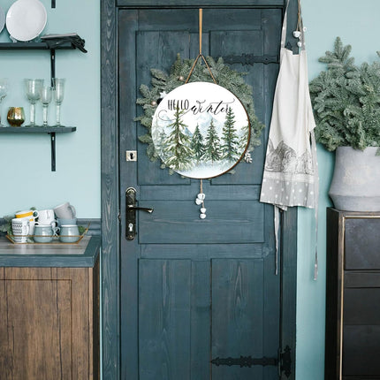 Whaline Christmas Hello Winter Wooden Hanging Sign Christmas Pine Trees Welcome Door Sign Xmas Winter Holiday Farmhouse Rustic Wreath Sign for Indoor Outdoor Home Wall Window Decor