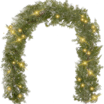 6FT Christmas Garland PARTY JOY Cedar Garland with 9.8FT LED Lights String, Greenery Plant for Christmas Decorations Table Mantle Background Wall Room Outdoor Indoor Winter Decoration