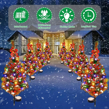 2PCS Solar Christmas Tree Lights Decorations Outdoor, Xmas Tree Solar Powered Christmas Yard Stake Waterproof With LED Lights, Red Berries, Red Bow, Suitable for Christmas Decoration Garden Patio Yard