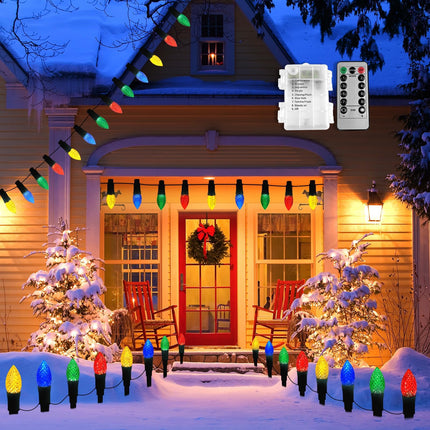 C9 Christmas Pathway Lights Outdoor, 25 Ft 20 Led 2-in-1 Battery Operated String Lights & Christmas Lights, 8 Modes Waterproof Colered Christmas Decorations Outside Yard Curtain Tree Lights Indoor