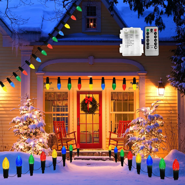 C9 Christmas Pathway Lights Outdoor, 25 Ft 20 Led 2-in-1 Battery Operated String Lights & Christmas Lights, 8 Modes Waterproof Colered Christmas Decorations Outside Yard Curtain Tree Lights Indoor
