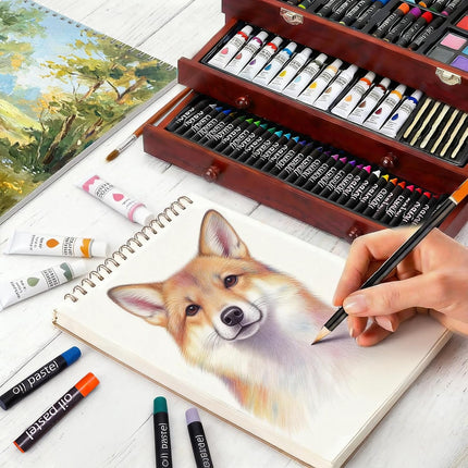 TMOL Art Supplies, 175-Pack Deluxe Art Set Drawing Painting Kit with 2 Drawing Pads, Acrylic Paints, Colored Pencils, Crayons, Art Kit in Wooden Case, Gift for Artist, Adults, Teens and Kids - Cherry