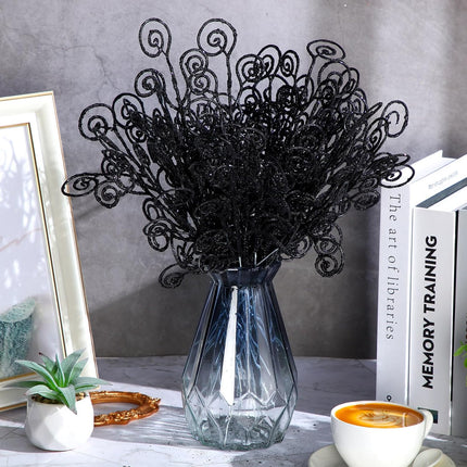 Ysleen 50 Pcs Glitter Christmas Tree Picks and Sprays Twigs Artificial Curly Stem Picks Ornaments 12 Inch Branches Sticks for Xmas Wreath Vase Fillers Decoration(Black)