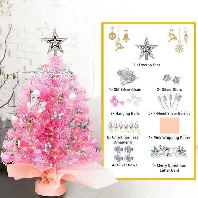 24 Inch Tabletop Mini Christmas Tree, Pre-lit Small Pink Christmas Tree with Warm Lights and Ornaments, 2 FT Artificial Tree Christmas Decorations Indoor Home