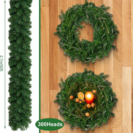 8.8FT Christmas Pine Garland,Deluxe Evergreen Holiday Garland for Indoor/Outdoor Décor, Xmas Decorations for Table, Mantel, Home & Office(300Heads)