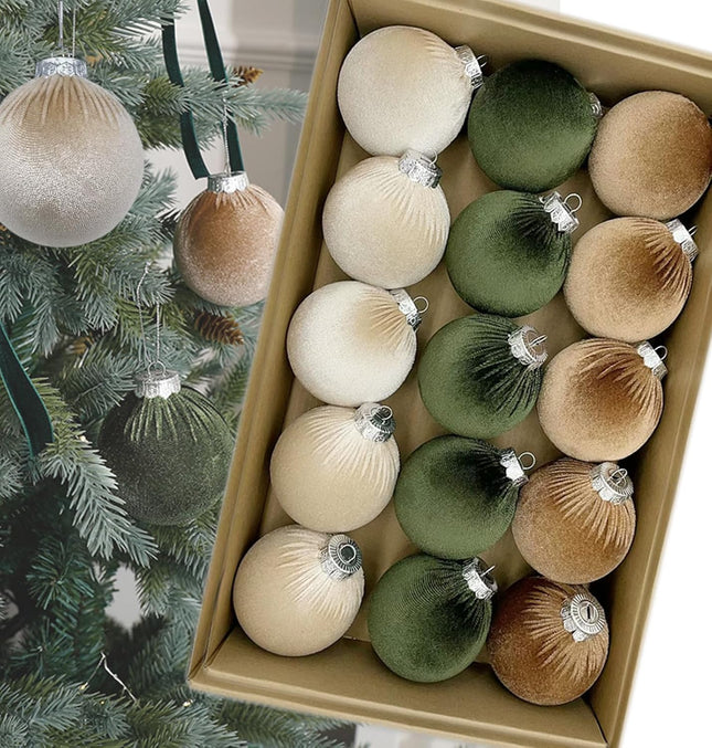 Christmas Balls Ornaments Velvet Christmas Balls - Pack of 15pcs Shatterproof Xmas Bulbs Decorations Set - Multicolor Green Brown Neutral,3.2 Inch