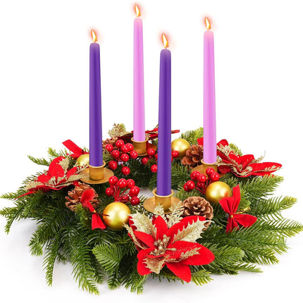 Tioncy 17 Inch Christmas Advent Wreath Candle Holder Christmas Table Centerpiece Decoration Advent Candle Holder Wreath with Pine Cones Holly Berries Stem Bow Tie for Winter Church Decor Supplies