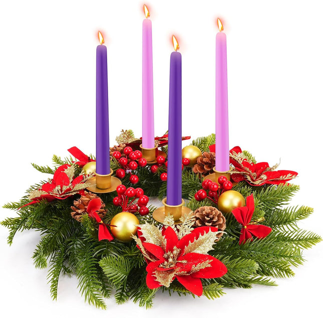 Tioncy 17 Inch Christmas Advent Wreath Candle Holder Christmas Table Centerpiece Decoration Advent Candle Holder Wreath with Pine Cones Holly Berries Stem Bow Tie for Winter Church Decor Supplies