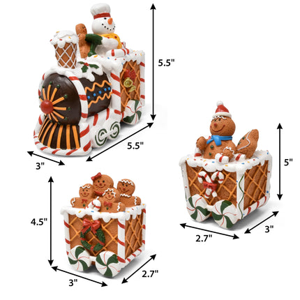 Boutique Christmas Gingerbread Express Train Table Decor 3 Piece Resin Holiday Xmas Trains Figurine Shelf Sitter Tabletop Centerpiece Party Supplies Decoration