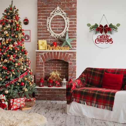 CHDITB Cute Merry Christmas Wooden Front Door Wreath(11.4”x11.4”), Farmhouse 3D Christmas Decor Hanging Sign with Red Plaid Bow Berries Mistletoe, Housewarming for Xmas Winter Holiday Year